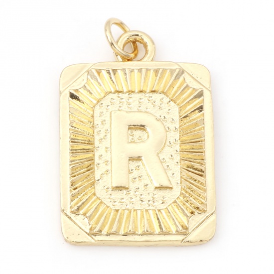 Immagine di Ottone Charms Rettangolo 18K Vero Oro Placcato Lettera Maiuscola Lettere " R " 27mm x 16mm, 1 Pz