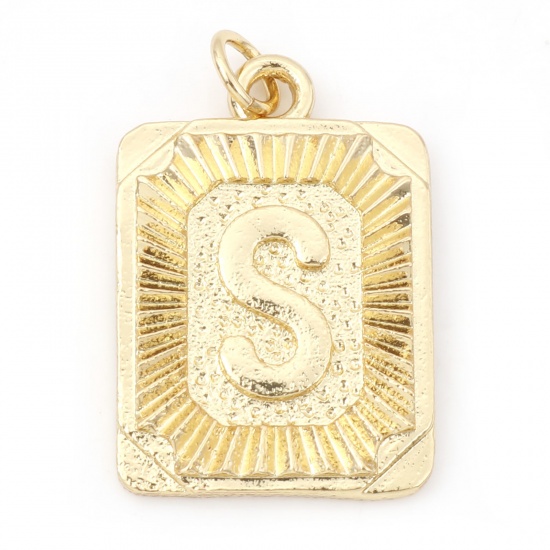 Immagine di Ottone Charms Rettangolo 18K Vero Oro Placcato Lettera Maiuscola Lettere " S " 27mm x 16mm, 1 Pz