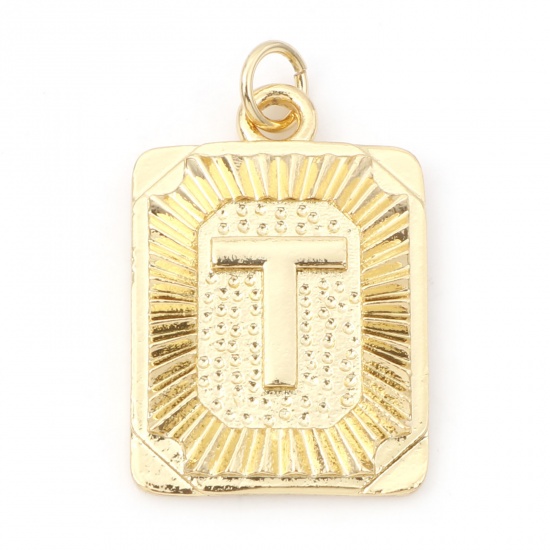 Immagine di Ottone Charms Rettangolo 18K Vero Oro Placcato Lettera Maiuscola Lettere " T " 27mm x 16mm, 1 Pz