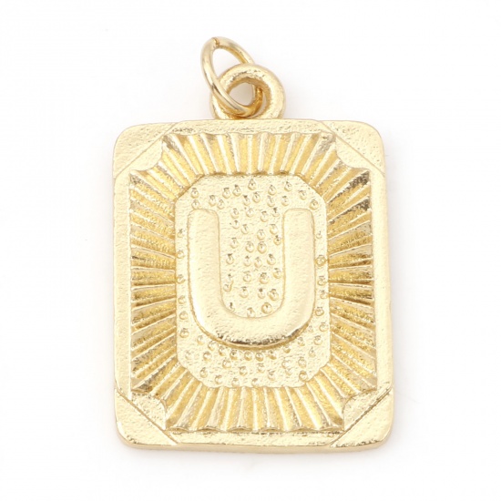 Immagine di Ottone Charms Rettangolo 18K Vero Oro Placcato Lettera Maiuscola Lettere " U " 27mm x 16mm, 1 Pz