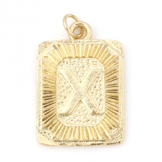 Immagine di Ottone Charms Rettangolo 18K Vero Oro Placcato Lettera Maiuscola Lettere " X " 27mm x 16mm, 1 Pz