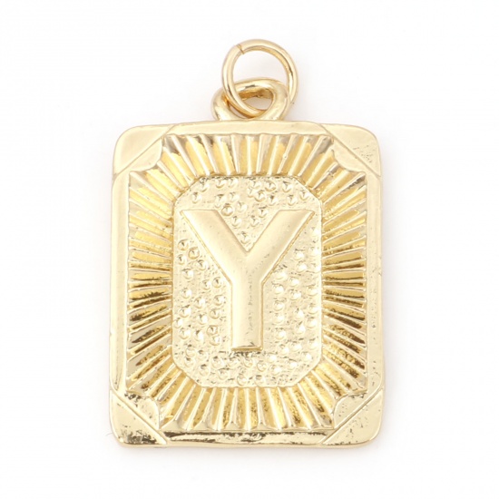 Immagine di Ottone Charms Rettangolo 18K Vero Oro Placcato Lettera Maiuscola Lettere " Y " 27mm x 16mm, 1 Pz