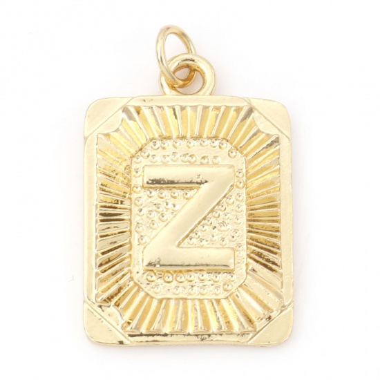 Immagine di Ottone Charms Rettangolo 18K Vero Oro Placcato Lettera Maiuscola Lettere " Z " 27mm x 16mm, 1 Pz