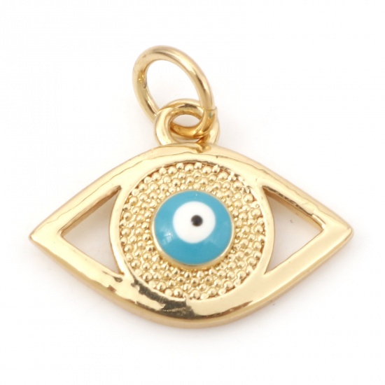 Picture of Brass Religious Charms 18K Real Gold Plated White & Blue Evil Eye Enamel 16mm x 15.5mm, 1 Piece