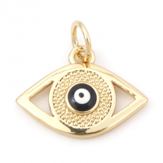 Picture of Brass Religious Charms 18K Real Gold Plated Black & White Evil Eye Enamel 16mm x 15.5mm, 1 Piece