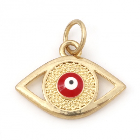 Picture of Brass Religious Charms 18K Real Gold Plated White & Red Evil Eye Enamel 16mm x 15.5mm, 1 Piece