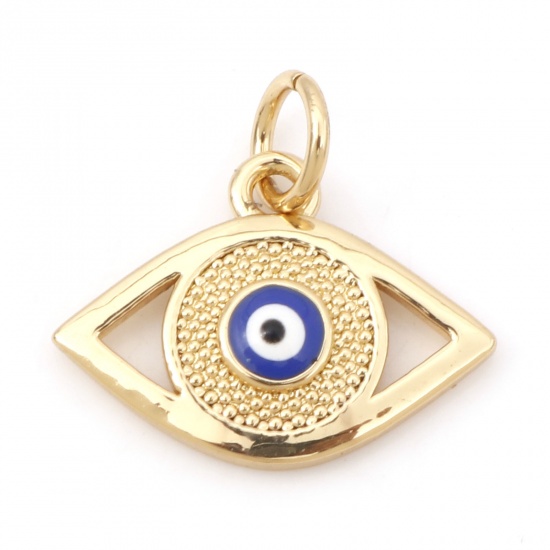 Picture of Brass Religious Charms 18K Real Gold Plated White & Dark Blue Evil Eye Enamel 16mm x 15.5mm, 1 Piece