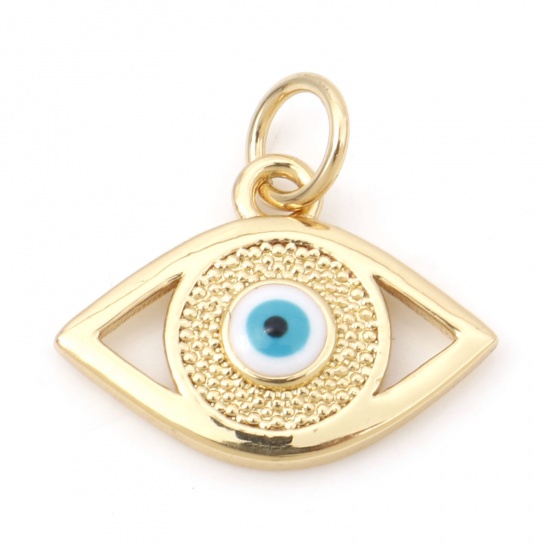 Picture of Brass Religious Charms 18K Real Gold Plated White & Blue Evil Eye Enamel 16mm x 15.5mm, 1 Piece