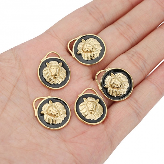 Picture of 304 Stainless Steel Charms Gold Plated Black Round Lion 20mm Dia., 1 Piece