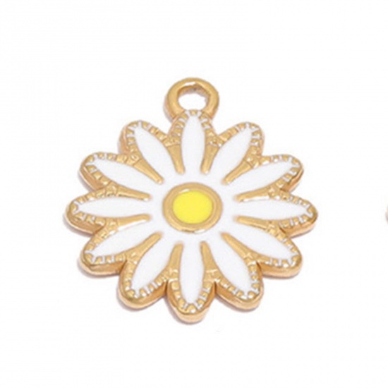 Picture of 304 Stainless Steel Charms Gold Plated White Daisy Flower Enamel 16.5mm Dia., 1 Piece