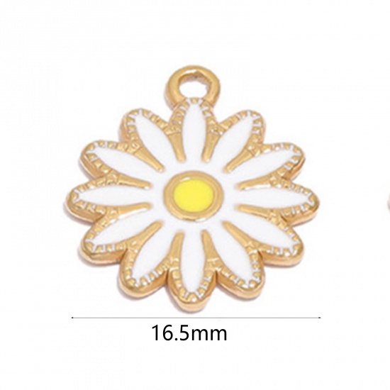 Immagine di 304 Acciaio Inossidabile Charms Fiore Margherita Oro Placcato Bianco Smalto 16.5mm Dia., 1 Pz