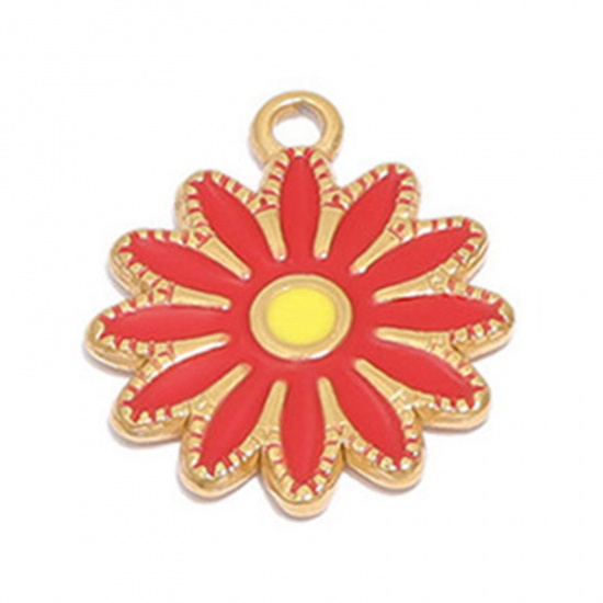 Picture of 304 Stainless Steel Charms Gold Plated Red Daisy Flower Enamel 16.5mm Dia., 1 Piece