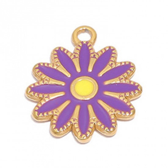 Picture of 304 Stainless Steel Charms Gold Plated Purple Daisy Flower Enamel 16.5mm Dia., 1 Piece