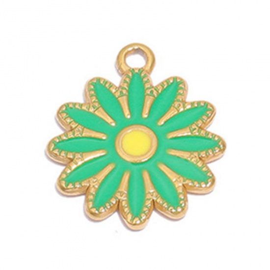 Picture of 304 Stainless Steel Charms Gold Plated Green Daisy Flower Enamel 16.5mm Dia., 1 Piece