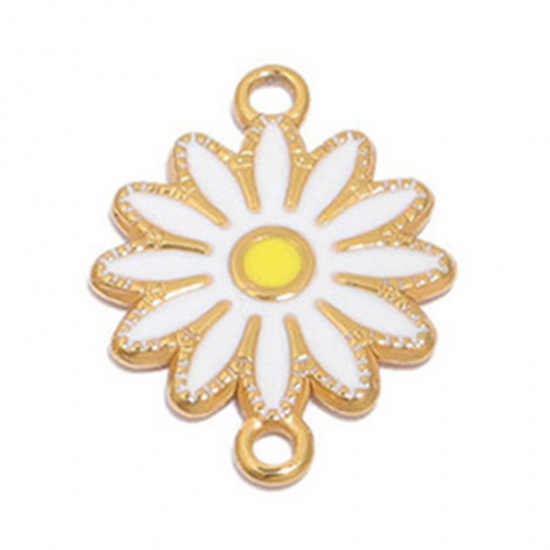 Picture of 304 Stainless Steel Connectors Gold Plated White Daisy Flower Enamel 16.5mm Dia., 1 Piece
