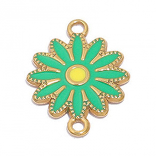 Picture of 304 Stainless Steel Connectors Gold Plated Green Daisy Flower Enamel 16.5mm Dia., 1 Piece