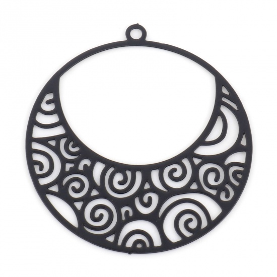 Picture of Iron Based Alloy Filigree Stamping Charms Black Round Spiral Hollow 27mm x 25mm, 20 PCs