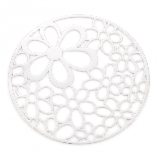 Picture of Iron Based Alloy Filigree Stamping Pendants Silver Tone Round Flower Hollow 4.1cm Dia., 5 PCs