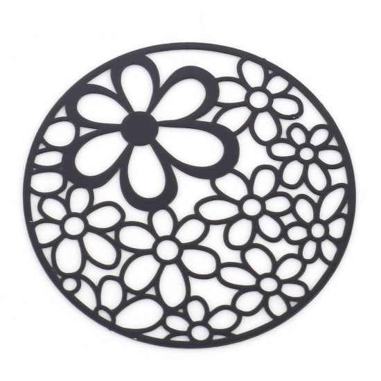 Picture of Iron Based Alloy Filigree Stamping Pendants Black Round Flower Hollow 4.1cm Dia., 5 PCs