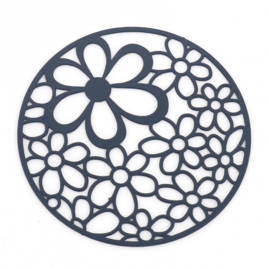 Picture of Iron Based Alloy Filigree Stamping Pendants Ink Blue Round Flower Hollow 4.1cm Dia., 5 PCs