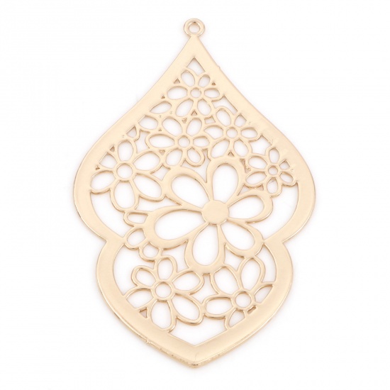 Picture of Iron Based Alloy Filigree Stamping Pendants KC Gold Plated Calabash Flower Hollow 5cm x 3.2cm, 10 PCs