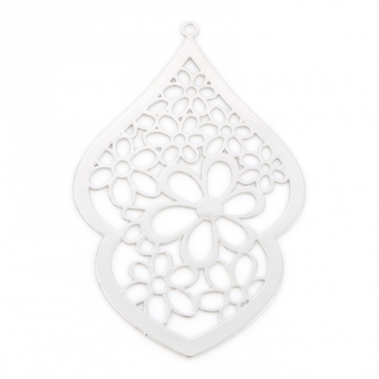 Picture of Iron Based Alloy Filigree Stamping Pendants Silver Tone Calabash Flower Hollow 5cm x 3.2cm, 10 PCs