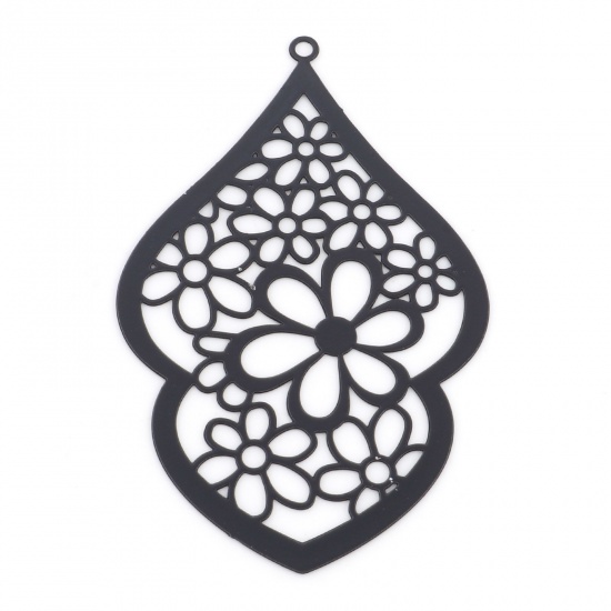 Picture of Iron Based Alloy Filigree Stamping Pendants Black Calabash Flower Hollow 5cm x 3.2cm, 10 PCs
