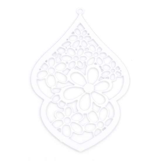 Picture of Iron Based Alloy Filigree Stamping Pendants White Calabash Flower Hollow 5cm x 3.2cm, 10 PCs