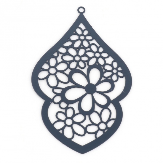 Picture of Iron Based Alloy Filigree Stamping Pendants Ink Blue Calabash Flower Hollow 5cm x 3.2cm, 10 PCs
