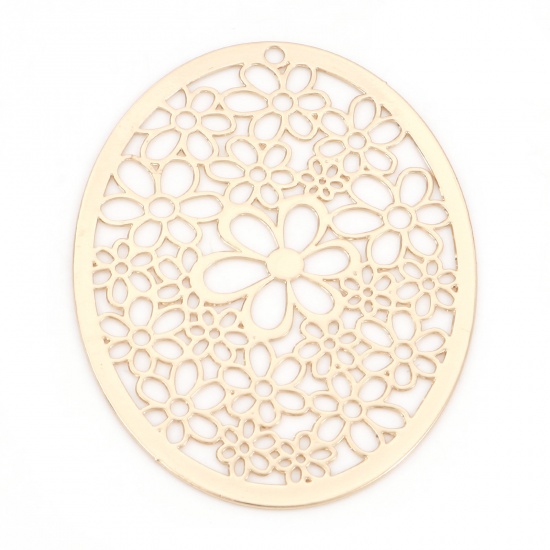 Picture of Iron Based Alloy Filigree Stamping Pendants KC Gold Plated Oval Flower Hollow 4.9cm x 3.7cm, 5 PCs
