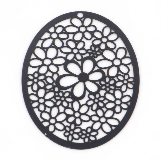 Picture of Iron Based Alloy Filigree Stamping Pendants Black Oval Flower Hollow 4.9cm x 3.7cm, 5 PCs