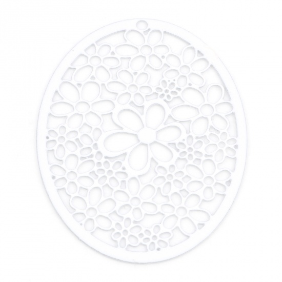 Picture of Iron Based Alloy Filigree Stamping Pendants White Oval Flower Hollow 4.9cm x 3.7cm, 5 PCs
