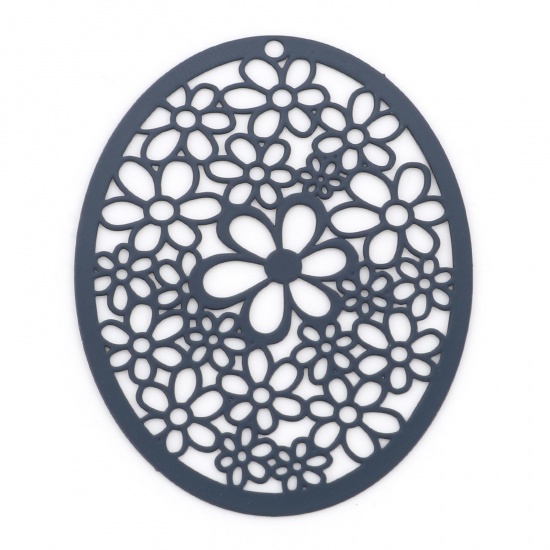 Picture of Iron Based Alloy Filigree Stamping Pendants Ink Blue Oval Flower Hollow 4.9cm x 3.7cm, 5 PCs