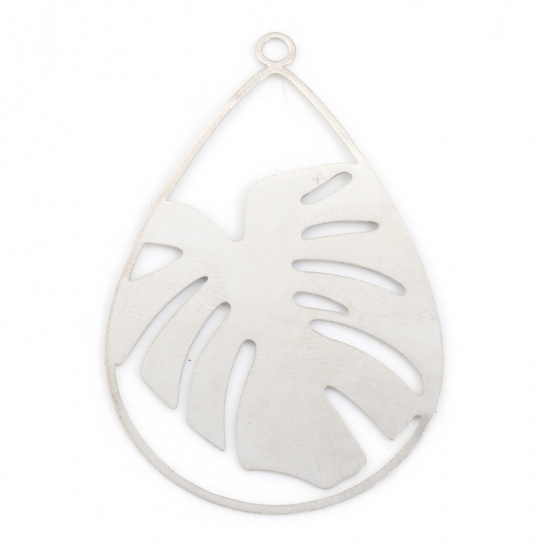 Picture of Iron Based Alloy Filigree Stamping Pendants Silver Tone Drop Monstera Leaf Hollow 4.7cm x 3cm, 10 PCs