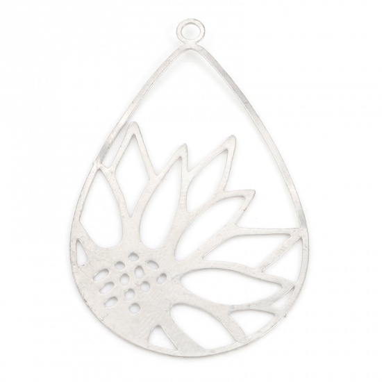 Picture of Iron Based Alloy Filigree Stamping Pendants Silver Tone Drop Sunflower Hollow 4.7cm x 3cm, 10 PCs