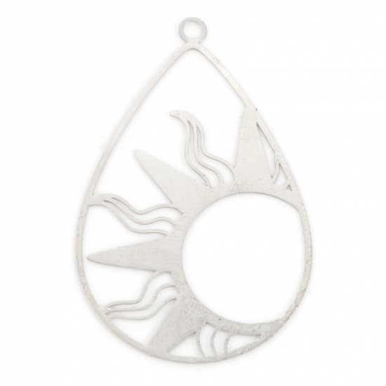 Picture of Iron Based Alloy Filigree Stamping Pendants Silver Tone Drop Sun Hollow 4.7cm x 3cm, 10 PCs