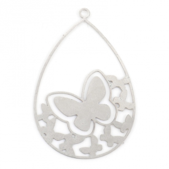 Picture of Iron Based Alloy Filigree Stamping Pendants Silver Tone Drop Butterfly Hollow 4.3cm x 2.7cm, 10 PCs