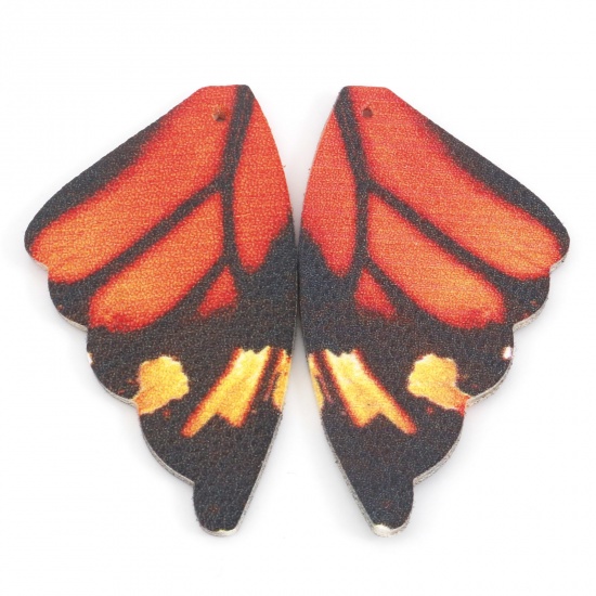 Изображение PU Кожа Подвески Крыло бабочки Оранжево-красный Двухсторонний 5.5см x 3см, 5 ШТ