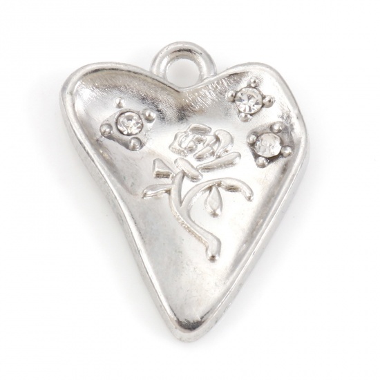 Picture of Zinc Based Alloy Valentine's Day Charms Silver Tone Heart Rose Flower Clear Rhinestone 22.5mm x 18mm, 10 PCs