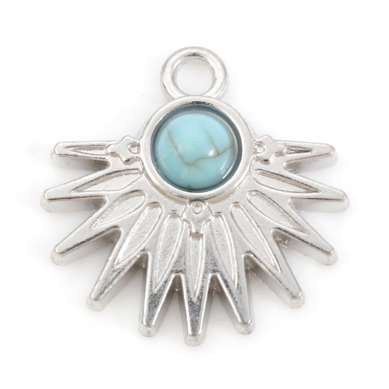 Picture of Zinc Based Alloy Boho Chic Bohemia Charms Silver Tone Sun Rays With Resin Cabochons Imitation Turquoise 20mm x 20mm, 10 PCs