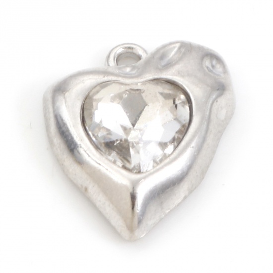 Picture of Zinc Based Alloy Valentine's Day Charms Silver Tone Heart Clear Rhinestone 18mm x 15mm, 10 PCs