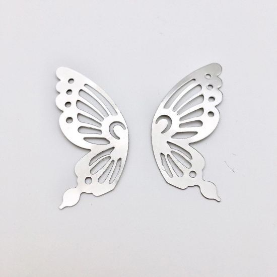 Picture of Iron Based Alloy Insect Pendants Silver Tone Butterfly Animal Filigree Stamping 4.2cm x 1.8cm, 100 PCs