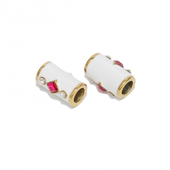 Immagine di 304 Acciaio Inossidabile Perline Cilindrico Oro Placcato Bianco Smalto 20mm x 14mm, 1 Pz