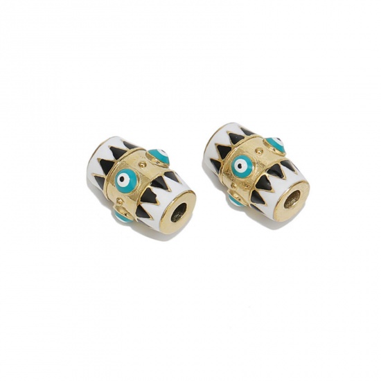 Immagine di 304 Acciaio Inossidabile Perline Cilindrico Oro Placcato Multicolore Malocchio Smalto 16mm x 12mm, 1 Pz