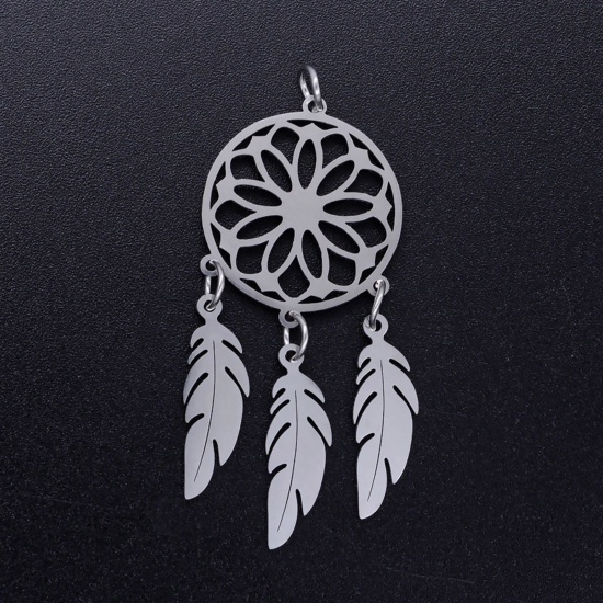Picture of 201 Stainless Steel Dream Catcher Pendants Silver Tone Round Filigree 50mm x 20mm, 1 Piece