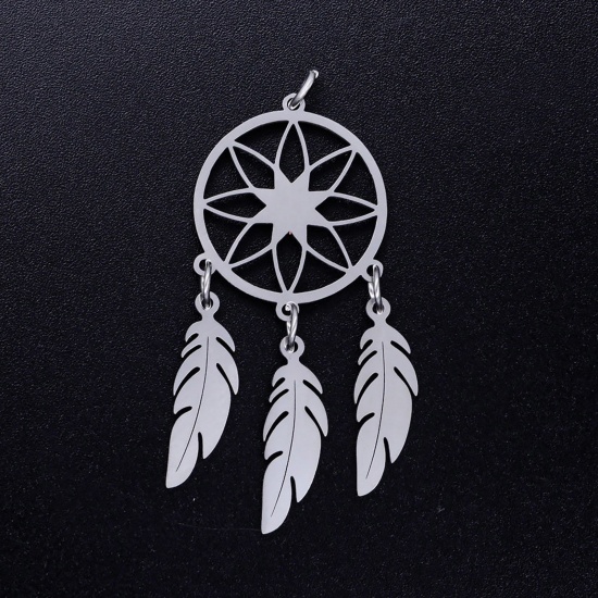 Picture of 201 Stainless Steel Dream Catcher Pendants Silver Tone Round Filigree 50mm x 20mm, 1 Piece