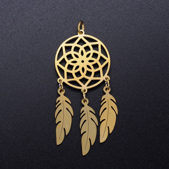 Picture of 201 Stainless Steel Dream Catcher Pendants Gold Plated Round Filigree 50mm x 20mm, 1 Piece