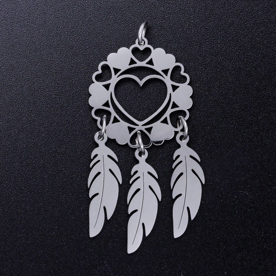 Picture of 201 Stainless Steel Dream Catcher Pendants Silver Tone Round Filigree 48mm x 20mm, 1 Piece