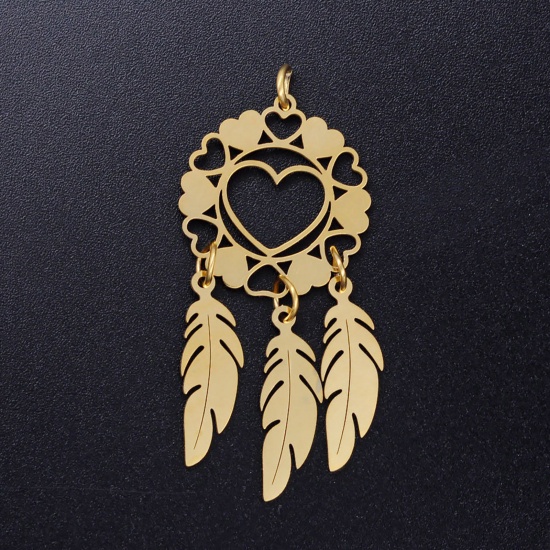 Picture of 201 Stainless Steel Dream Catcher Pendants Gold Plated Round Filigree 48mm x 20mm, 1 Piece