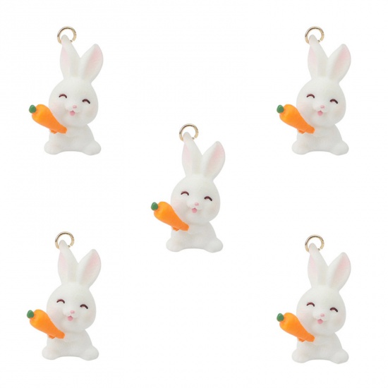 Picture of Resin Easter Day Pendants Rabbit Animal Radish White 3D 3cm x 1.8cm, 2 PCs